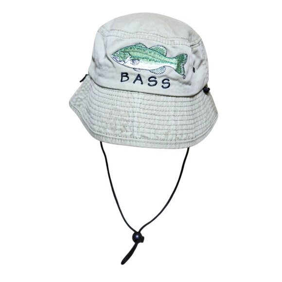 Flying Fisherman Bass embroidered bucket hat, white w chin strap - Picture 1 of 7